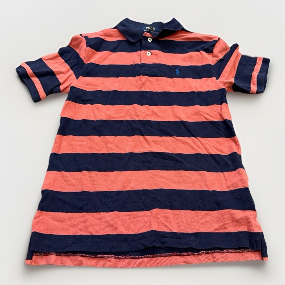 Polo Ralph Lauren Youth 1/4 Button Salmon Blue Striped Polo Shirt Size L 14-16